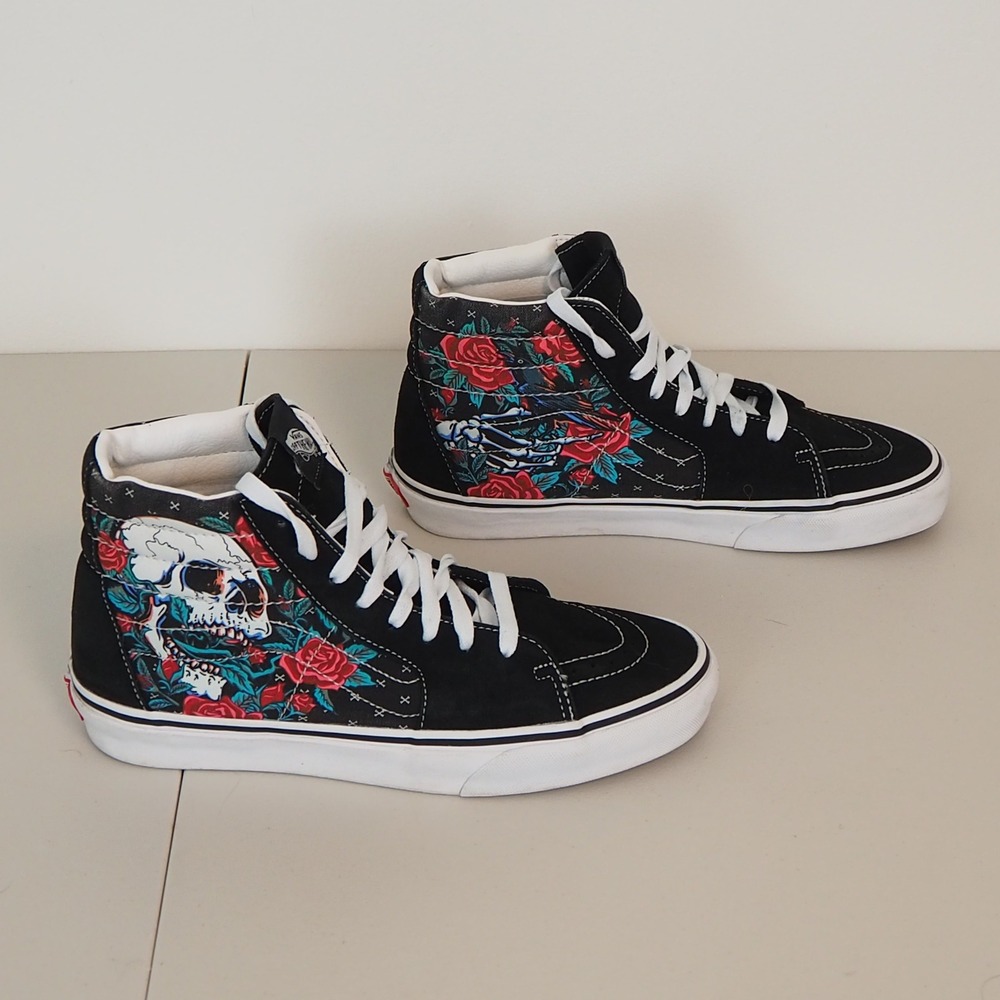 Vans Sk8-Hi Rose Skull Sneakers Men 8 Women 9.5 Black Skeleton High Top Shoes - Picture 3 of 10